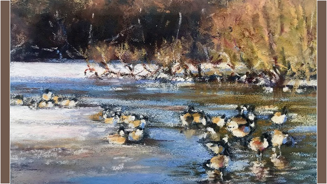 13 Geese at Wyndley Pool, Deborah Hodgson Oil Pastel 28x 28cm £60, Award for the Best Landscape -Highly Commended